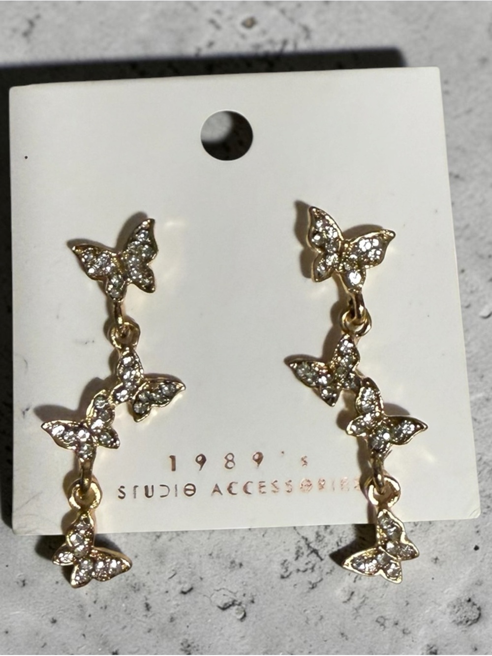Gold Butterfly Chain Drop Earrings with Crystal Accents - Picture 1 of 1